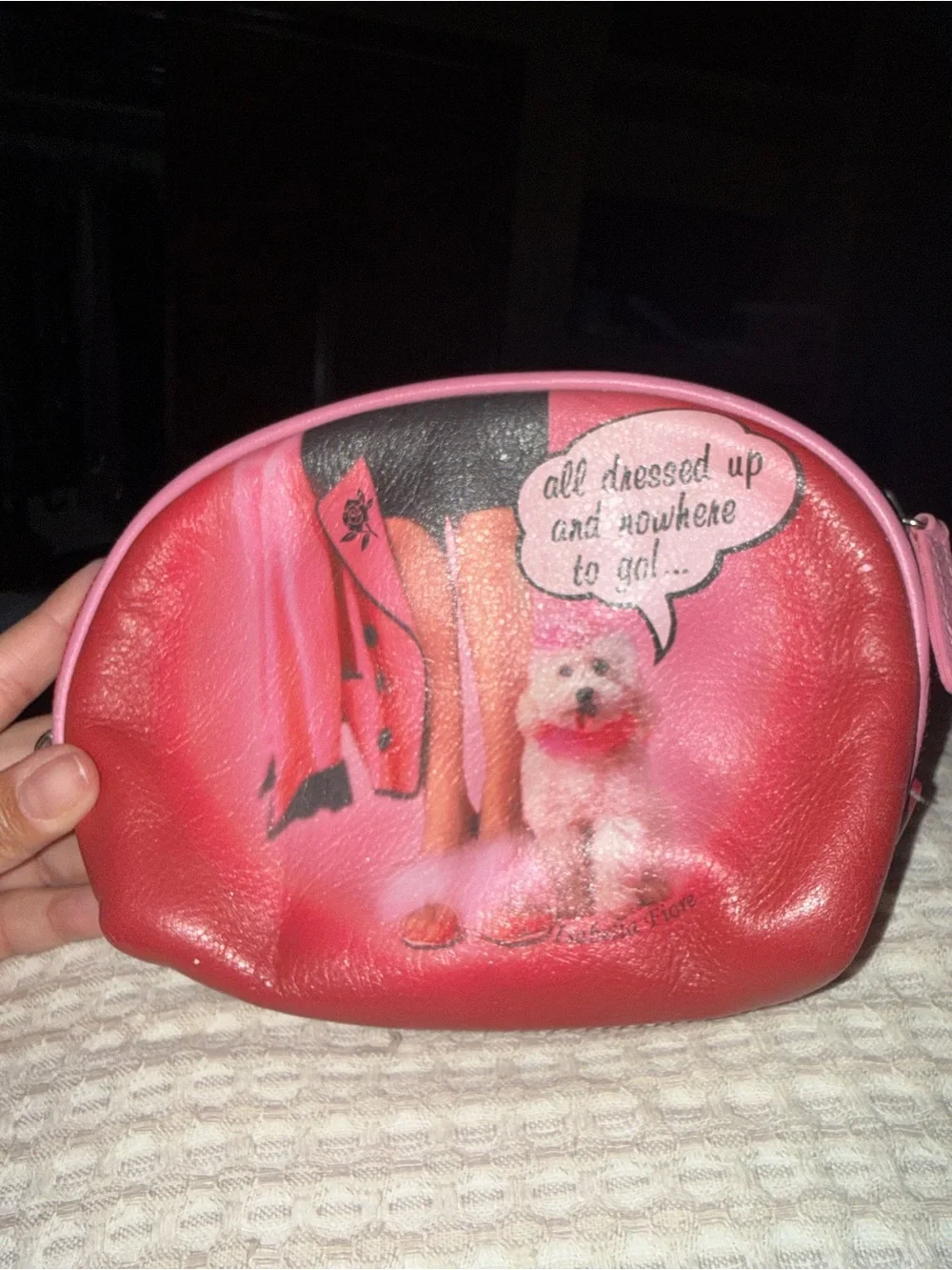 Vintage Y2K Isabella Fiore Pink Faux-Leather Cosmetic Pouch with Dog Graphic